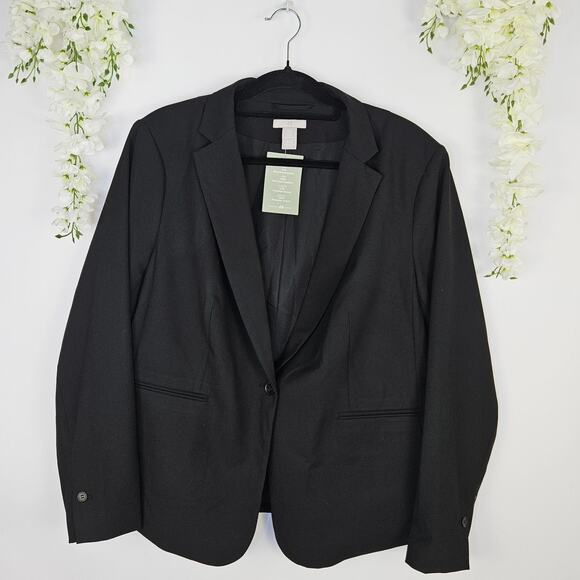 New H&M Black Blazer Womens Size XL One Button Office Chic Career Jacket Capsule - Picture 2 of 11